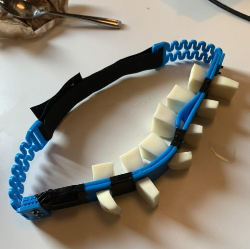 A plastic headband holding six cube-shaped sponges against the back of the head.