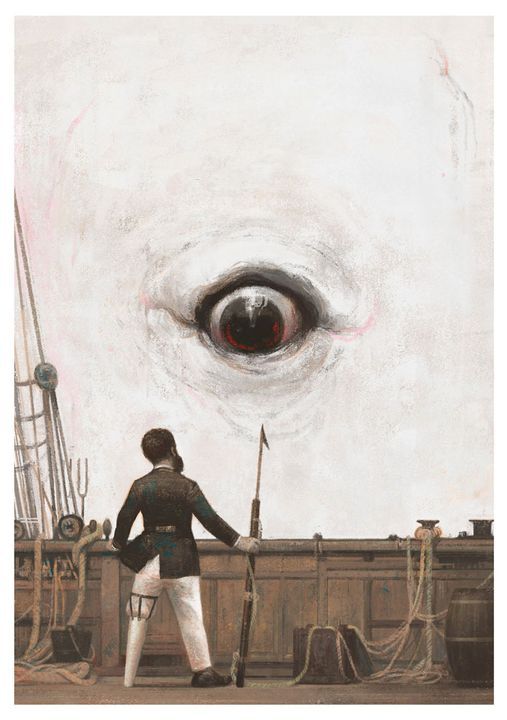 A whaler standing on deck, harpoon in hand, facing the enormous eye of a whale.